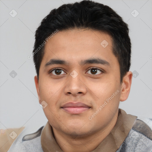 Neutral latino young-adult male with short  brown hair and brown eyes