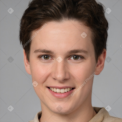 Joyful white young-adult female with short  brown hair and grey eyes