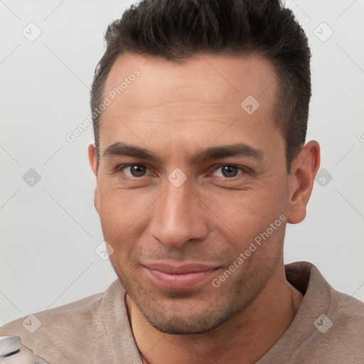 Joyful white young-adult male with short  brown hair and brown eyes