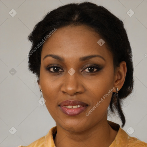 Joyful black young-adult female with medium  black hair and brown eyes