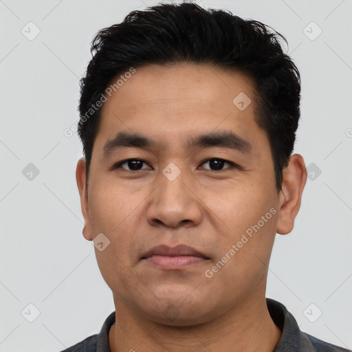 Neutral asian young-adult male with short  black hair and brown eyes