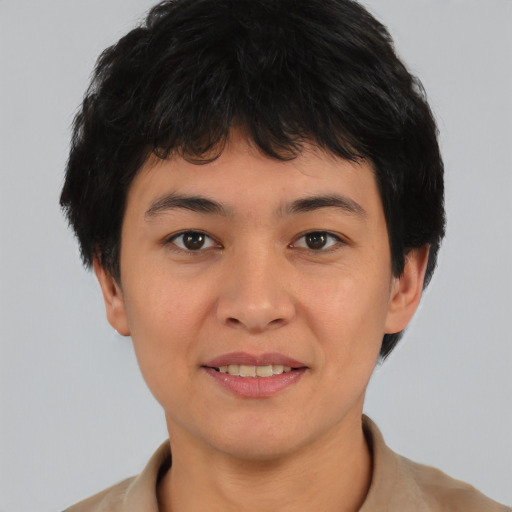 Joyful asian young-adult female with short  brown hair and brown eyes