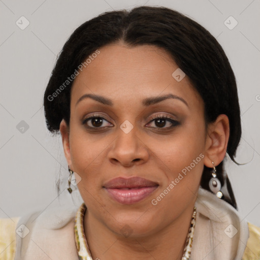 Joyful latino young-adult female with medium  brown hair and brown eyes