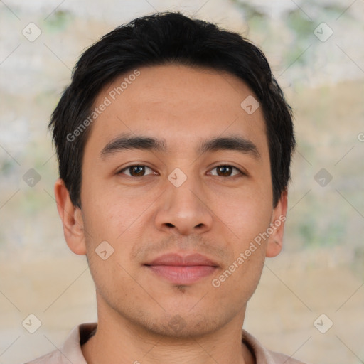 Neutral asian young-adult male with short  brown hair and brown eyes