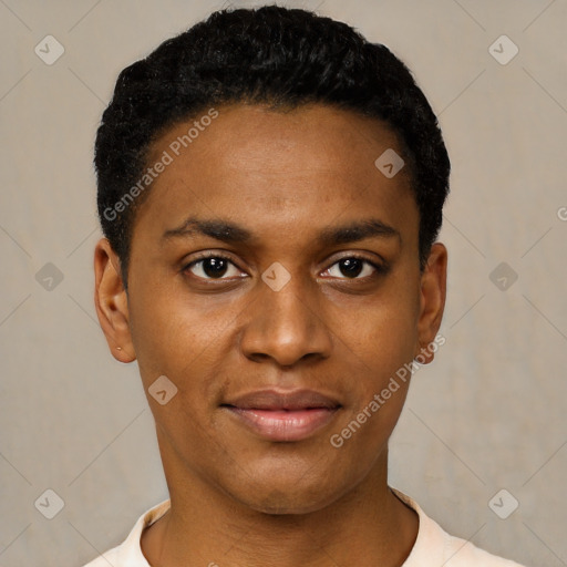 Joyful black young-adult male with short  black hair and brown eyes