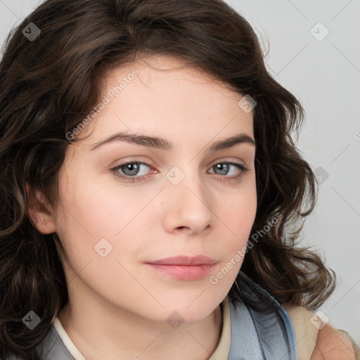 Neutral white young-adult female with medium  brown hair and brown eyes