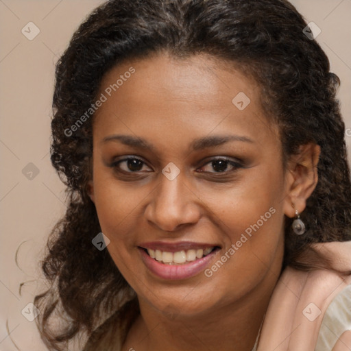 Joyful black young-adult female with long  brown hair and brown eyes