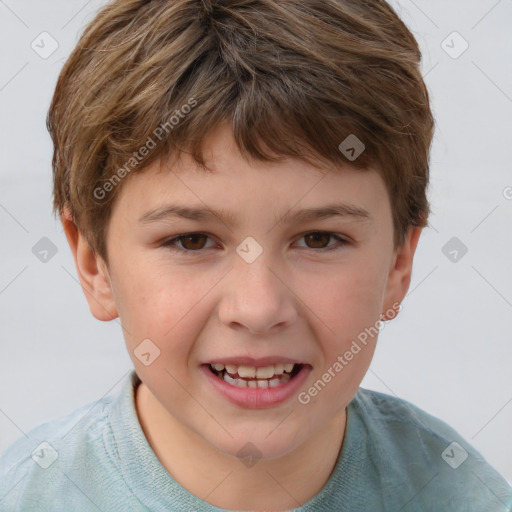 Joyful white child male with short  brown hair and brown eyes