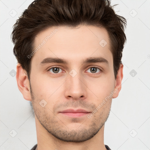 Neutral white young-adult male with short  brown hair and brown eyes