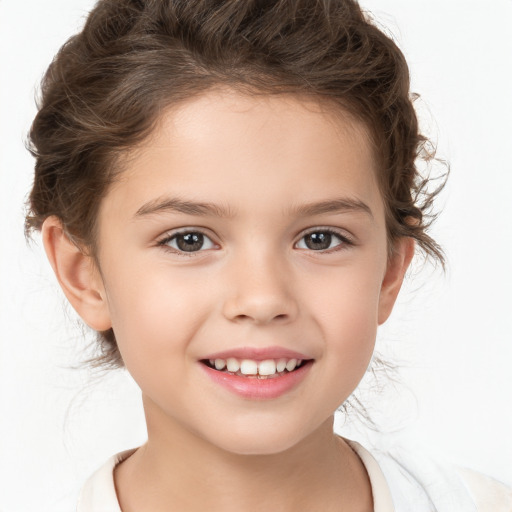 Joyful white child female with medium  brown hair and brown eyes