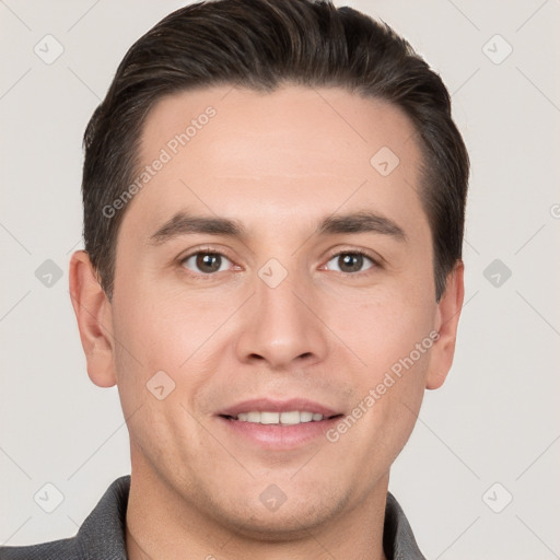 Joyful white young-adult male with short  brown hair and brown eyes