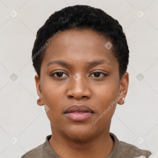 Neutral black young-adult female with short  black hair and brown eyes