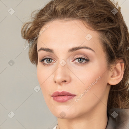 Neutral white young-adult female with medium  brown hair and brown eyes