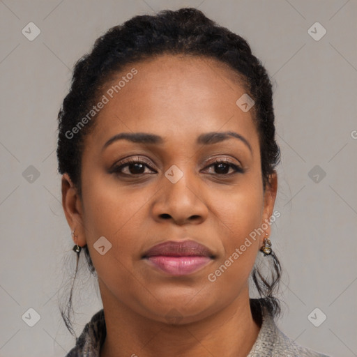 Joyful black young-adult female with medium  black hair and brown eyes