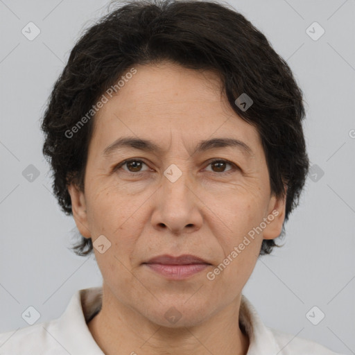 Joyful white adult female with short  brown hair and brown eyes