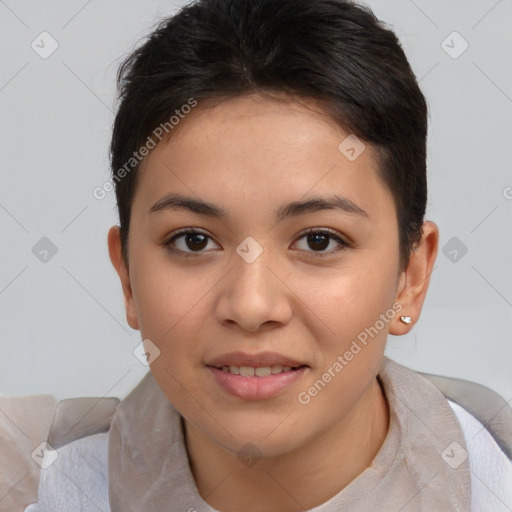 Joyful asian young-adult female with short  brown hair and brown eyes