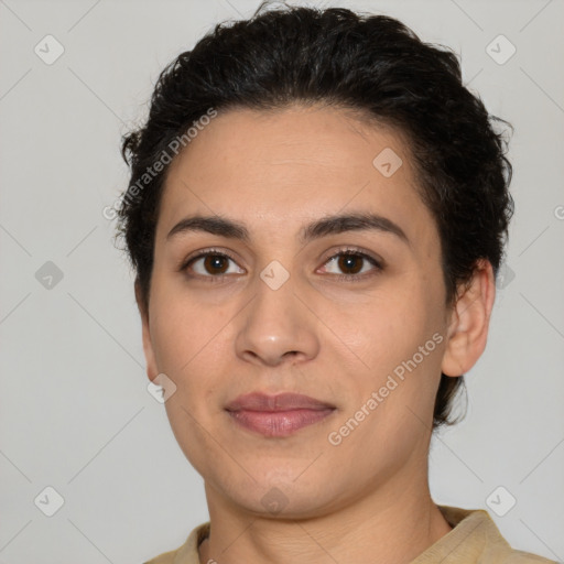 Joyful white young-adult female with short  brown hair and brown eyes