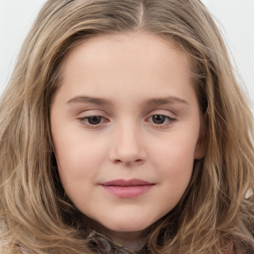 Joyful white child female with long  brown hair and grey eyes