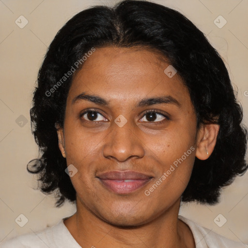 Joyful latino young-adult female with medium  black hair and brown eyes