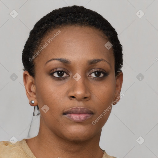 Neutral black young-adult female with short  brown hair and brown eyes