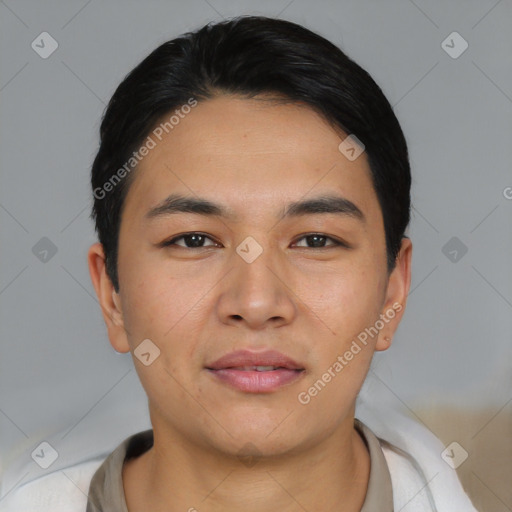 Joyful asian young-adult male with short  black hair and brown eyes