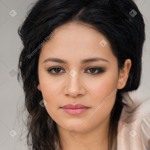 Joyful asian young-adult female with long  brown hair and brown eyes