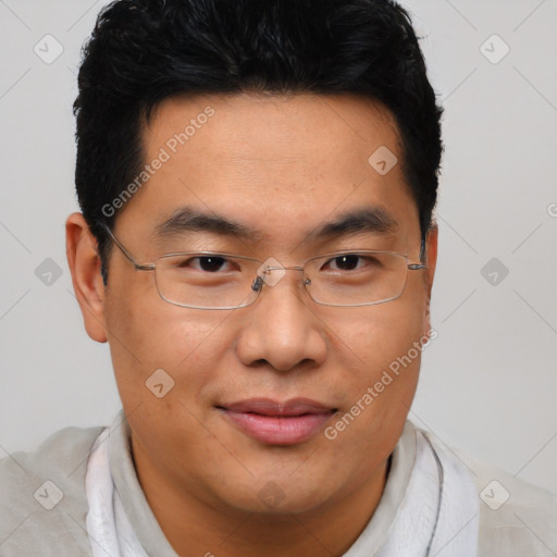 Joyful asian adult male with short  brown hair and brown eyes