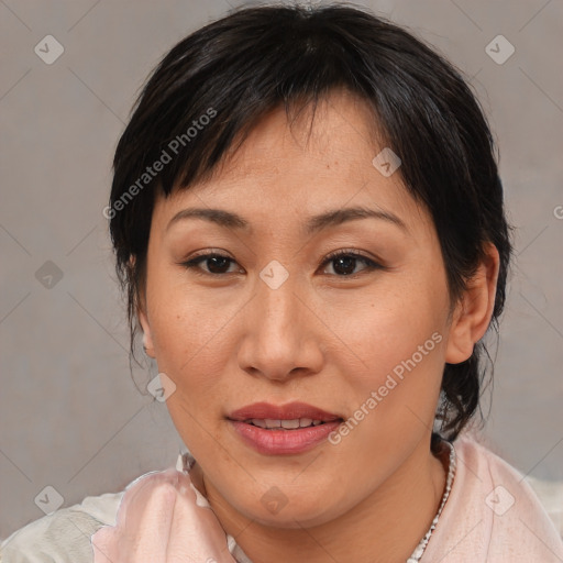 Joyful white adult female with medium  brown hair and brown eyes