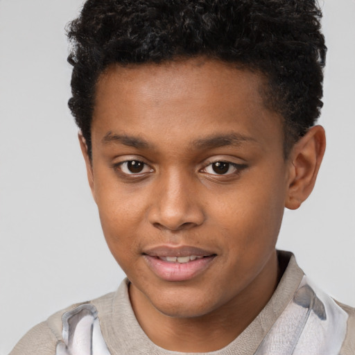 Joyful black young-adult male with short  brown hair and brown eyes