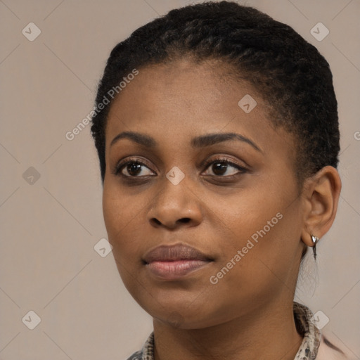 Joyful black young-adult female with short  black hair and brown eyes