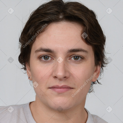 Neutral white young-adult female with medium  brown hair and brown eyes