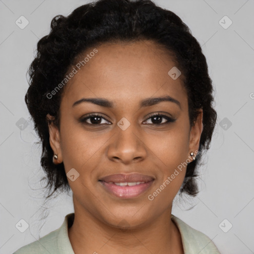 Joyful black young-adult female with medium  black hair and brown eyes