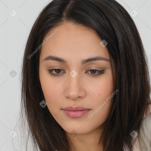 Neutral white young-adult female with long  brown hair and brown eyes