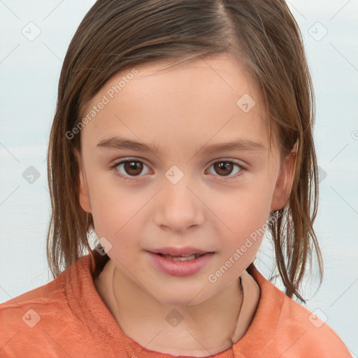 Joyful white child female with medium  brown hair and brown eyes