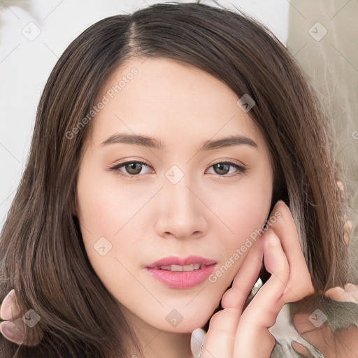 Neutral white young-adult female with long  brown hair and brown eyes