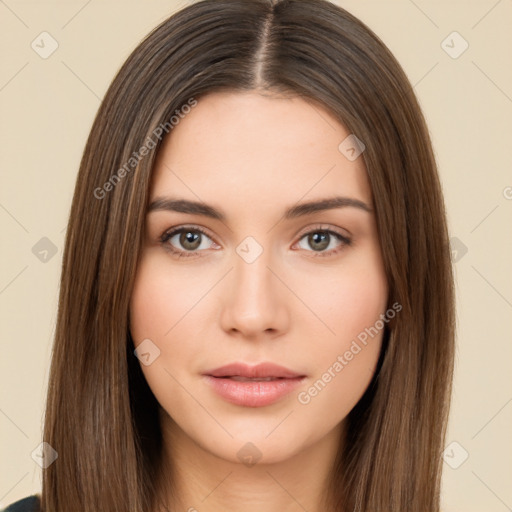 Neutral white young-adult female with long  brown hair and brown eyes