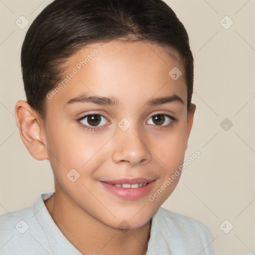 Joyful white child female with short  brown hair and brown eyes