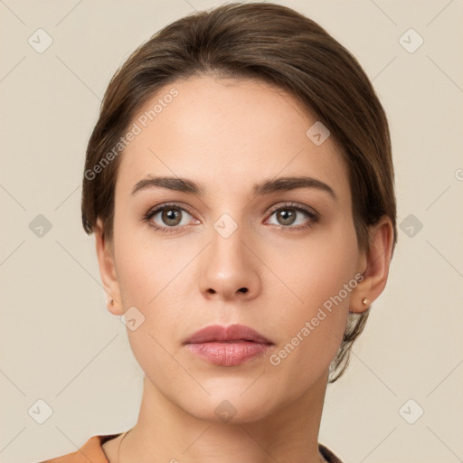 Neutral white young-adult female with short  brown hair and brown eyes