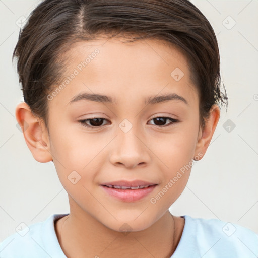 Joyful white child female with short  brown hair and brown eyes