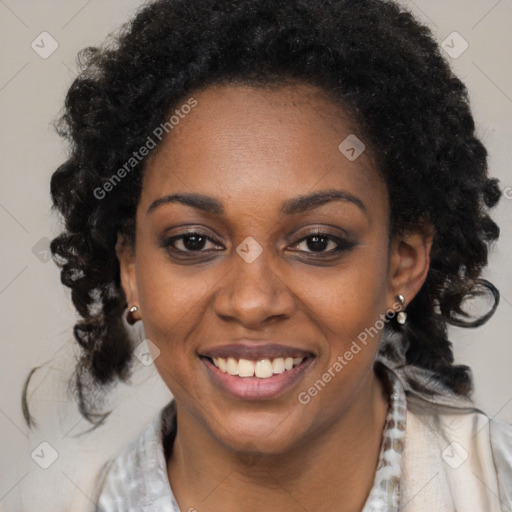 Joyful black young-adult female with medium  black hair and brown eyes