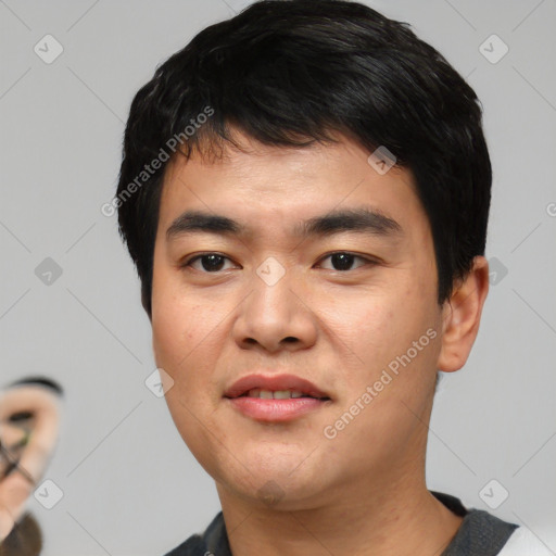 Neutral asian young-adult male with short  black hair and brown eyes