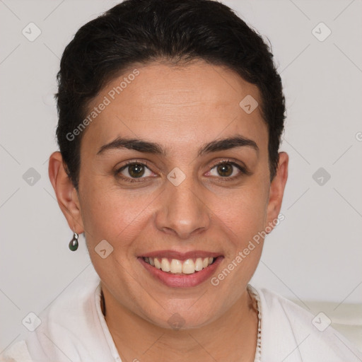 Joyful white young-adult female with short  brown hair and brown eyes