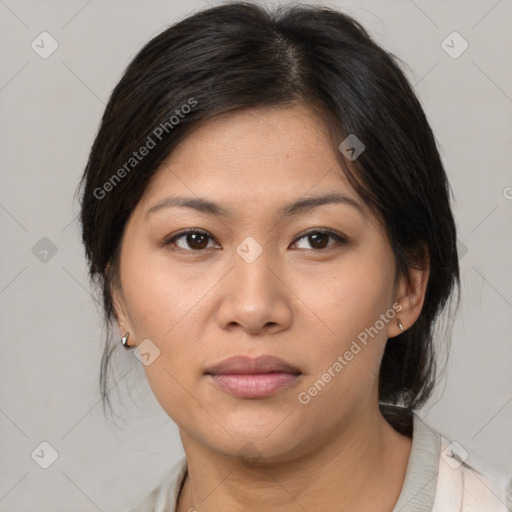 Joyful white young-adult female with medium  brown hair and brown eyes