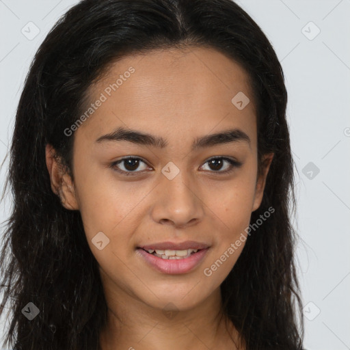 Joyful latino young-adult female with long  brown hair and brown eyes