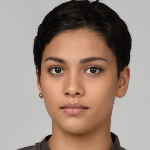 Neutral asian young-adult female with short  black hair and brown eyes