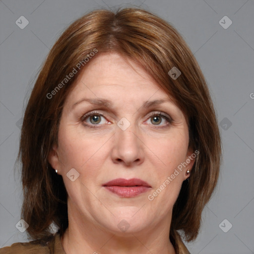 Joyful white adult female with medium  brown hair and grey eyes