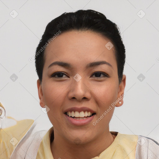 Joyful latino young-adult female with short  black hair and brown eyes