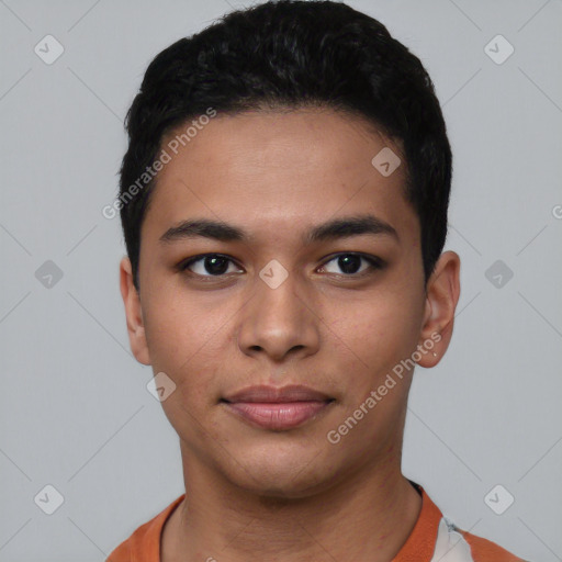 Neutral latino young-adult male with short  black hair and brown eyes