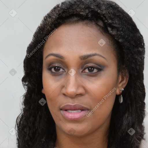 Joyful black young-adult female with long  brown hair and brown eyes