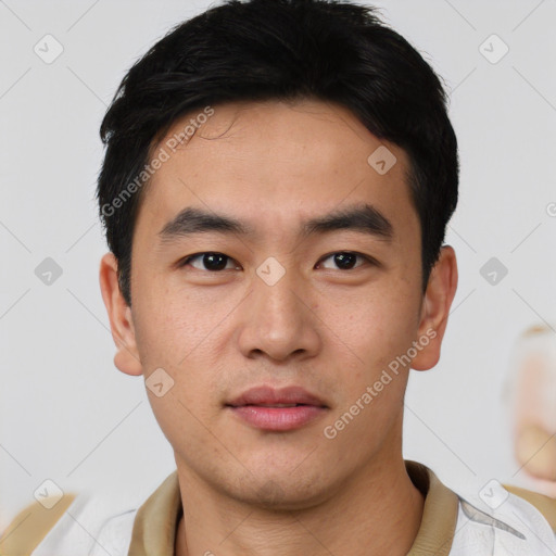 Neutral asian young-adult male with short  black hair and brown eyes
